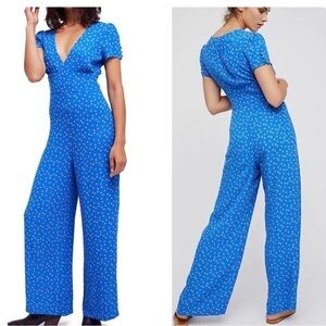 Free People Cornflower Blue Floral Jumpsuit Suit Jumper Romper Wide Leg size  10